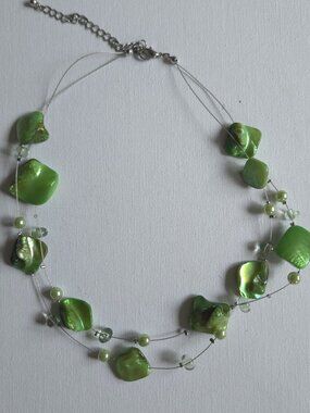 Green Shell Floating Bead Illusion Necklace Double Strand Mother of Pearl Choker